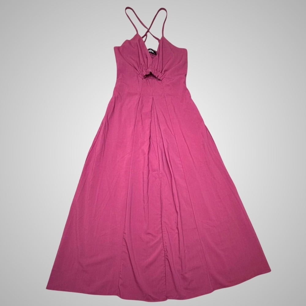 BTFBM Womens Wine Purple Cutout Maxi Dress Smocked Back Slit Pockets Size S